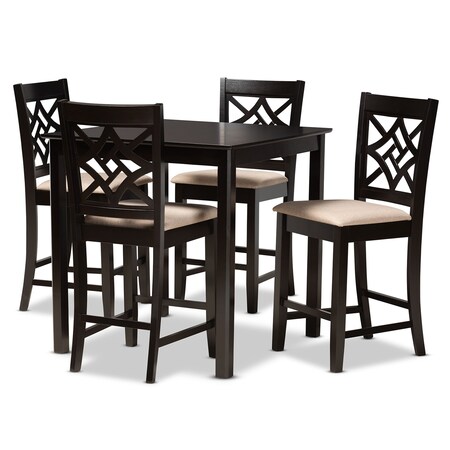 Baxton Studio Nicolette Modern and Contemporary Sand Fabric and Dark Brown Finished Wood 5-Piece Pub Set 179-11422-9776-Zoro
